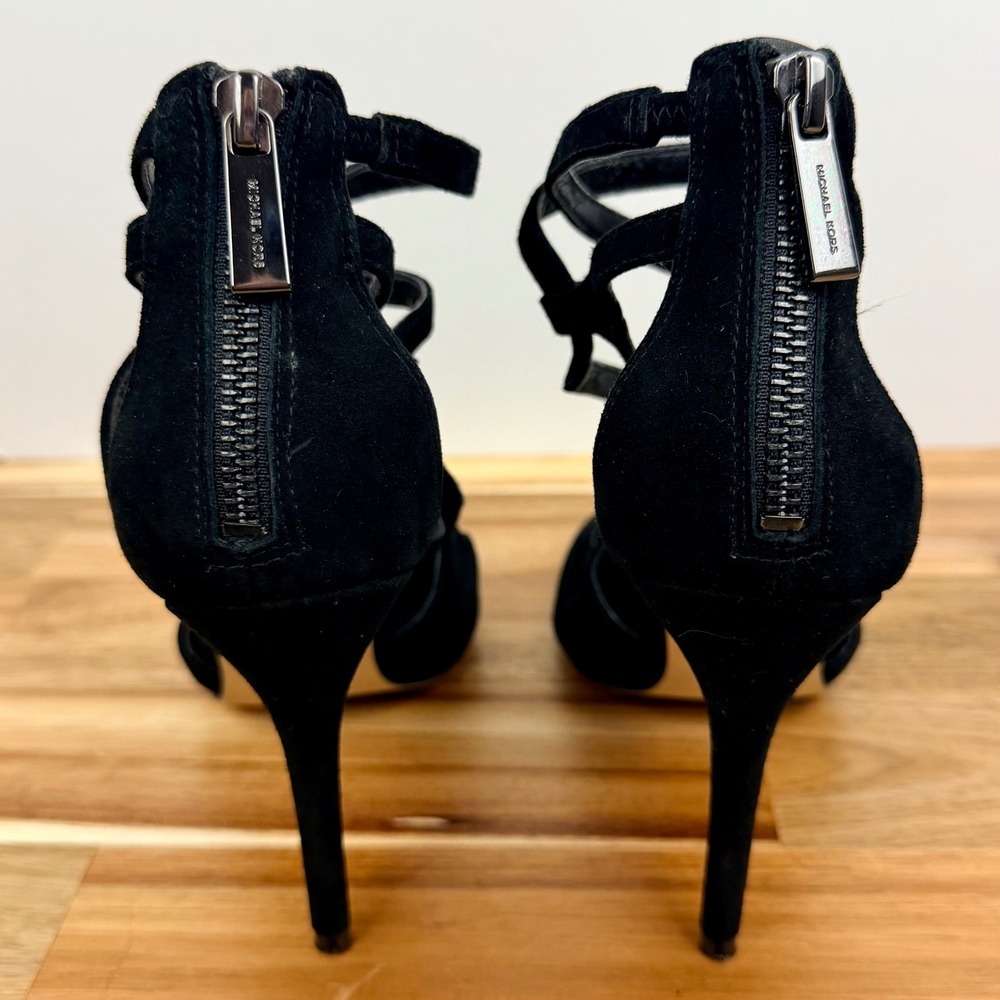 Michael Kors Black Suede Strappy Stiletto Heels Zip Ankle Strap Womens 5.5M - Picture 5 of 8